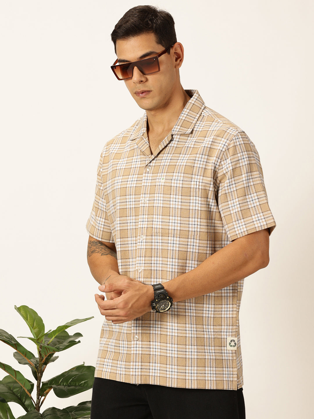 Thomas Scott Men Beige Premium Oversized Short Sleeves Tartan Checks Cuban Collar Casual Shirts