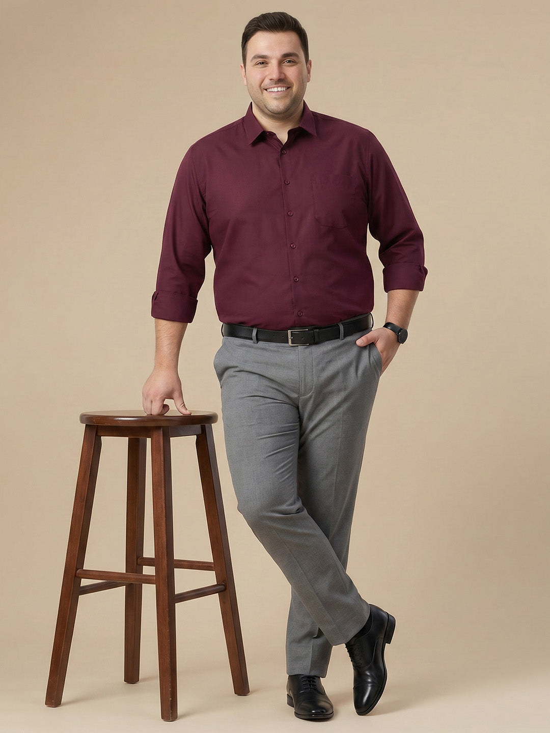 Thomas Scott Men Premium Maroon Plus Size Regular Fit Long Sleeves Spread Collar Textured Cotton Formal Shirt