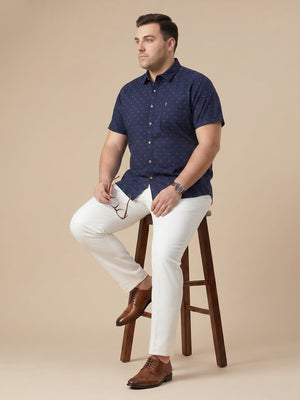 Deep Navy 1 Plus Size Regular Fit Micro Ditsy Printed Spread Collar 100% Cotton Casual Shirt For Men