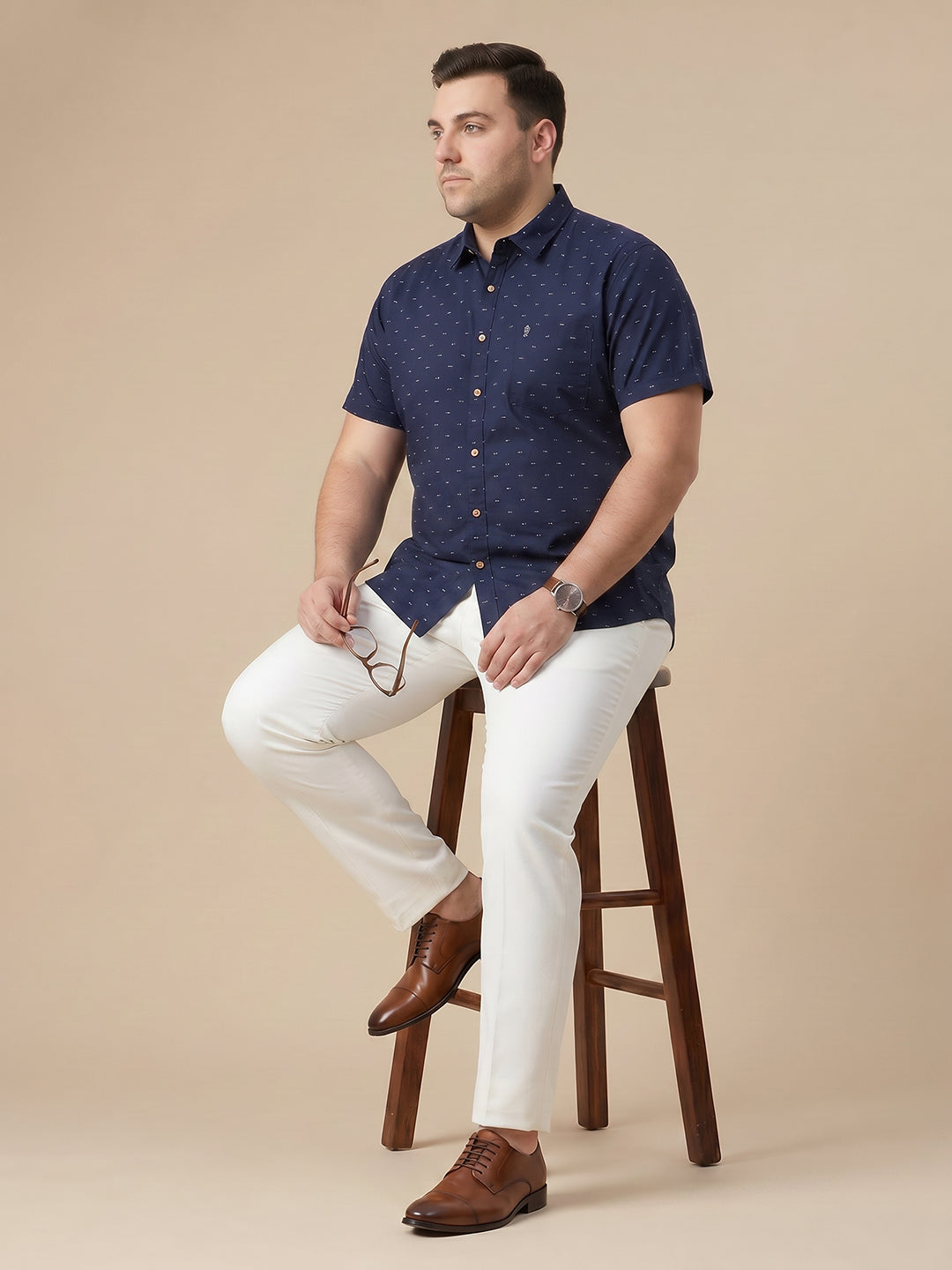 Deep Navy 1 Plus Size Regular Fit Micro Ditsy Printed Spread Collar 100% Cotton Casual Shirt For Men