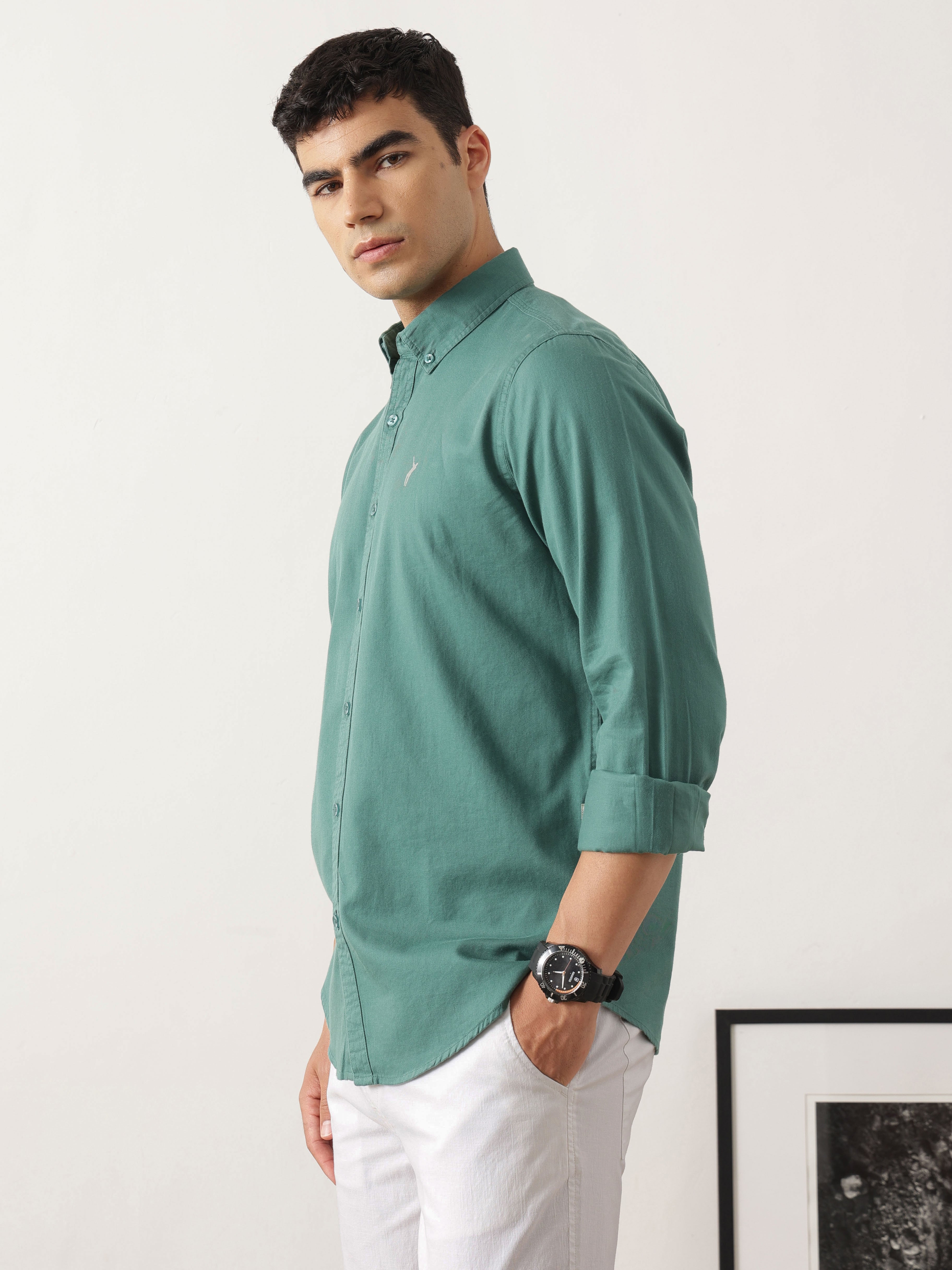 Thomas Scott Men Classic Olive Regular Fit Long Sleeves Button Down Collar Solid Cotton Twill Shirt