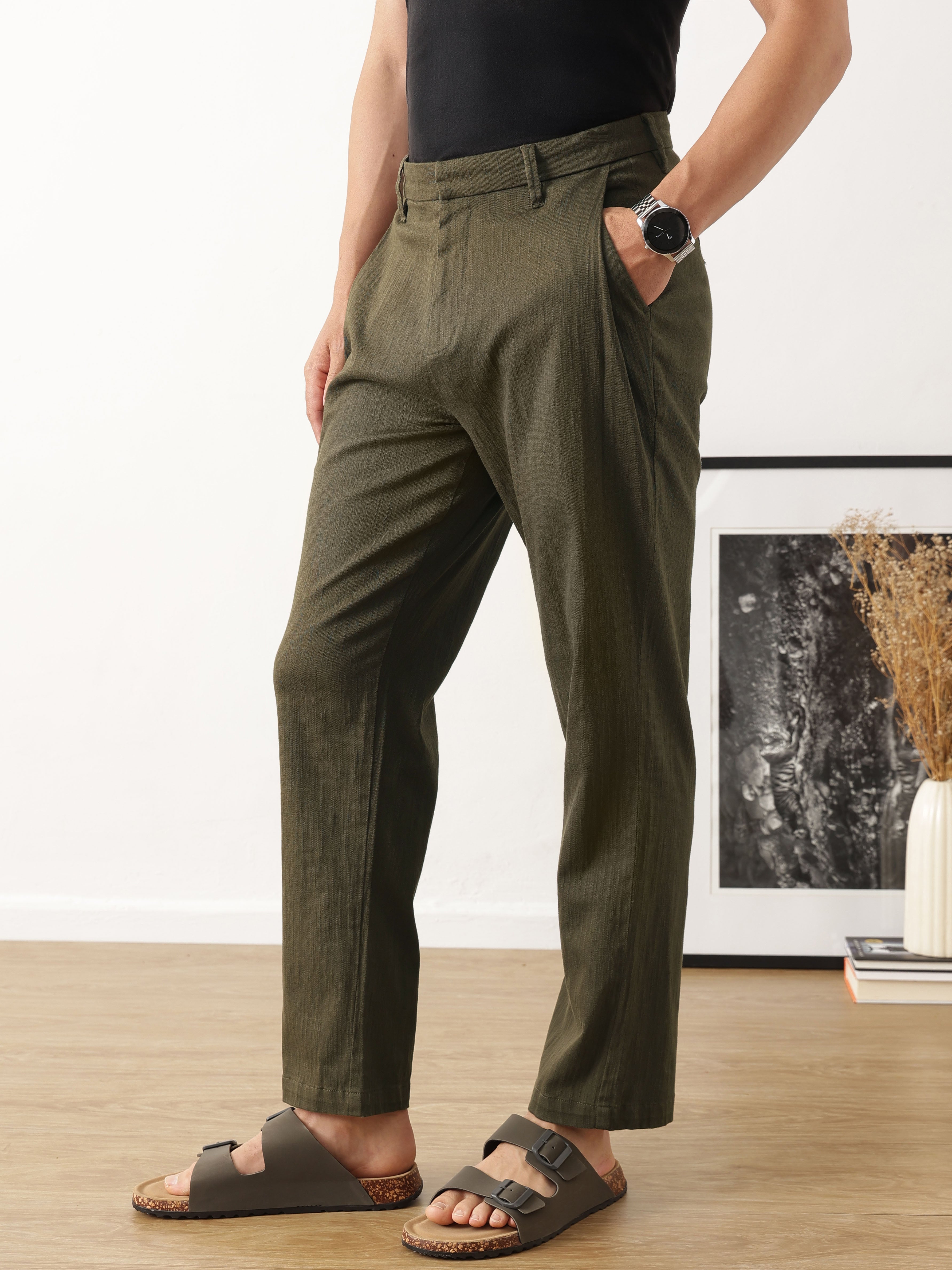Thomas Scott Men Dark Olive Smart Solid Regular Fit Woven Linen Pleated Trousers