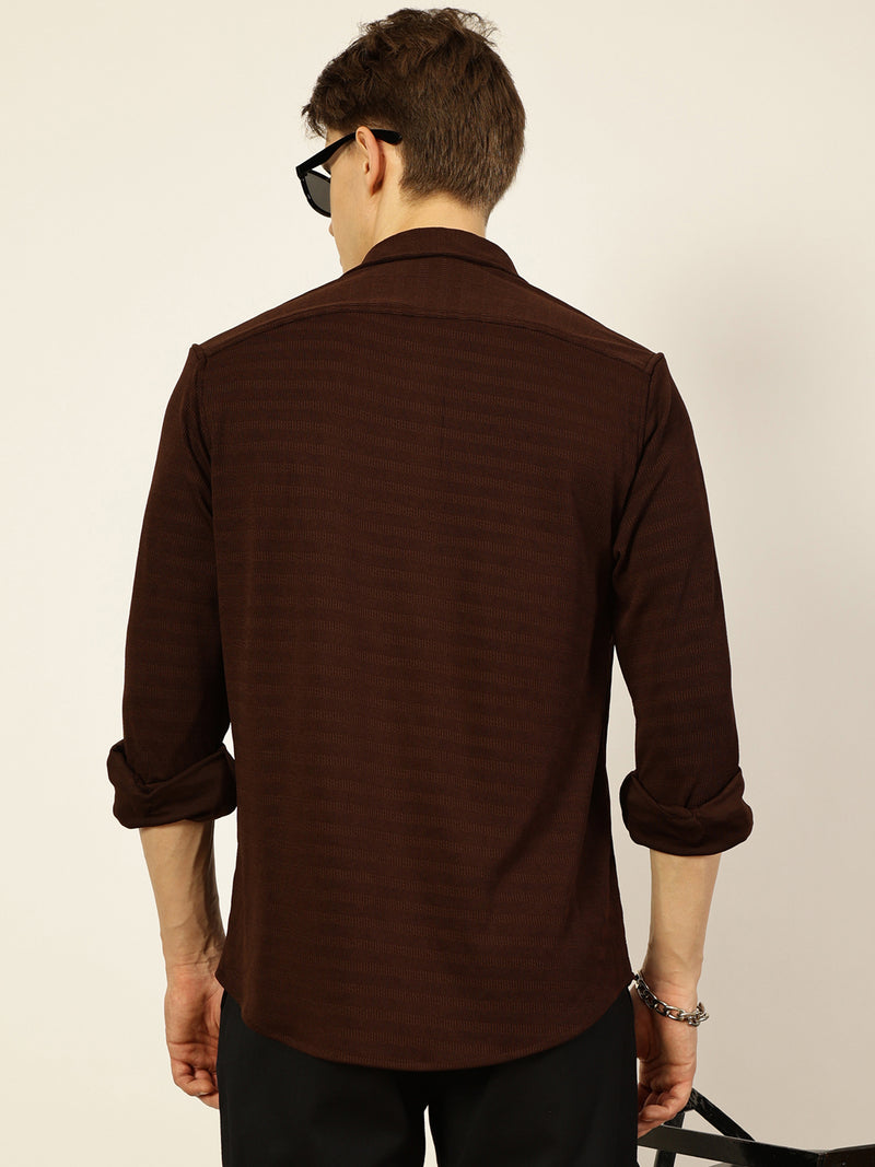 Thomas Scott Men Brown Premium Regular Fit Long Sleeves Spread Collar Textured Casual Shirt