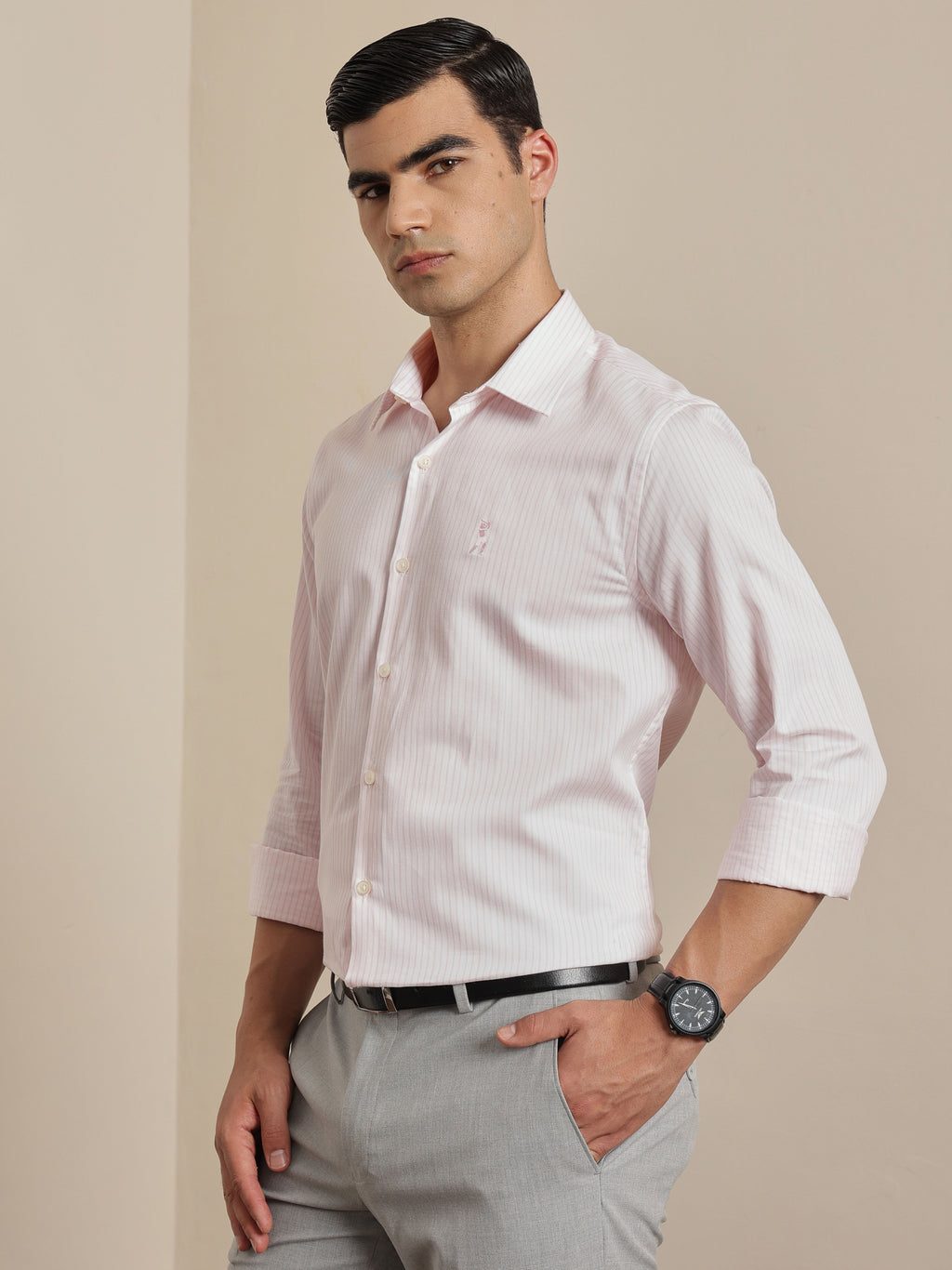 Thomas Scott Men Premium Pink Vertical Stripes Cotton Formal Shirt with Spread Collar & Full Sleeves