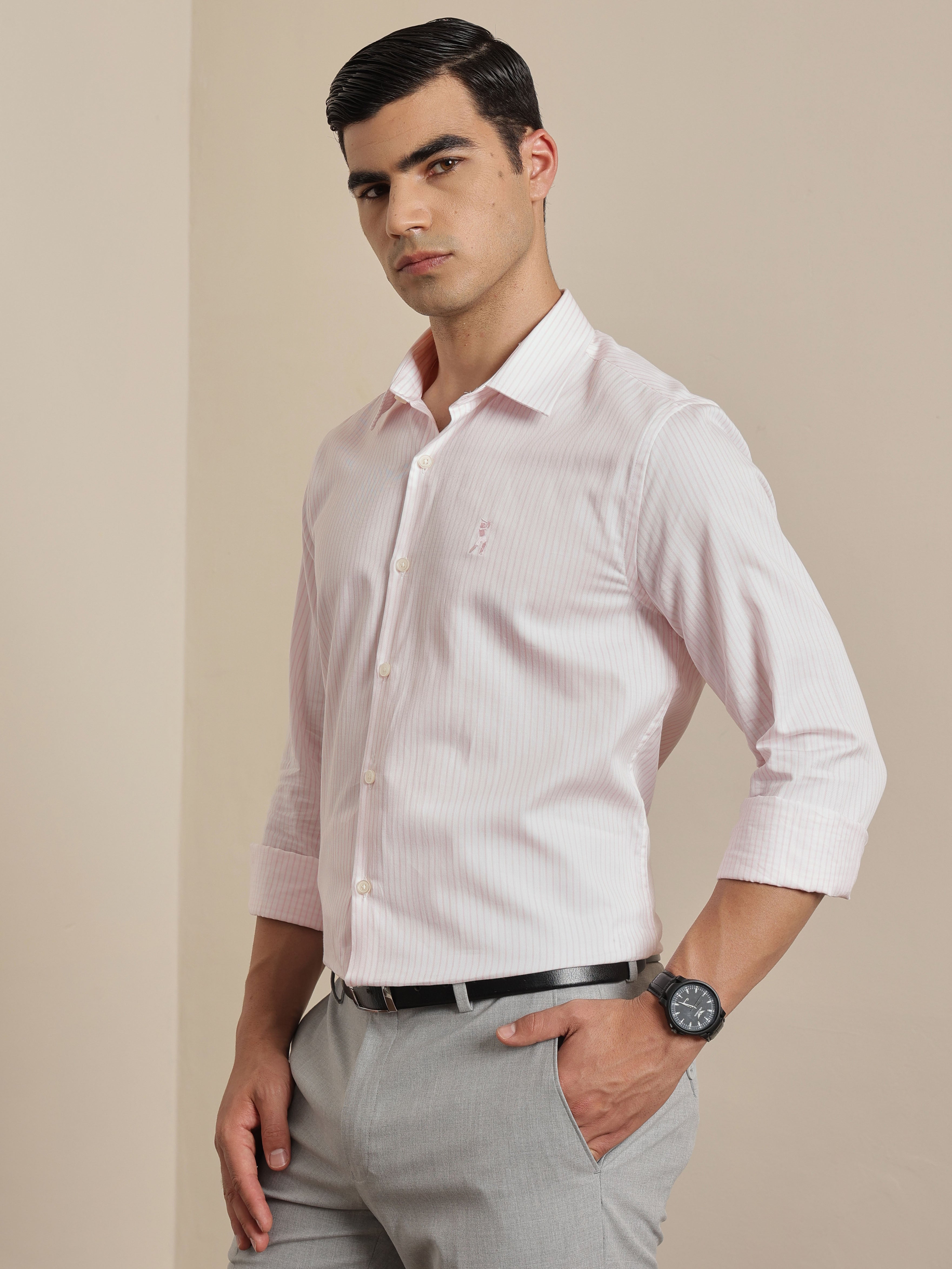 Thomas Scott Men Premium Pink Vertical Stripes Cotton Formal Shirt with Spread Collar & Full Sleeves