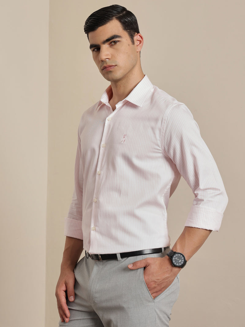 Thomas Scott Men Premium Pink Vertical Stripes Cotton Formal Shirt with Spread Collar & Full Sleeves