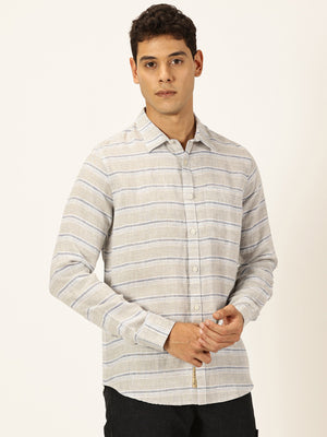 Thomas Scott Men Grey Premium Long Sleeves Spread Collar Horizontal Stripes Linen Casual Shirt