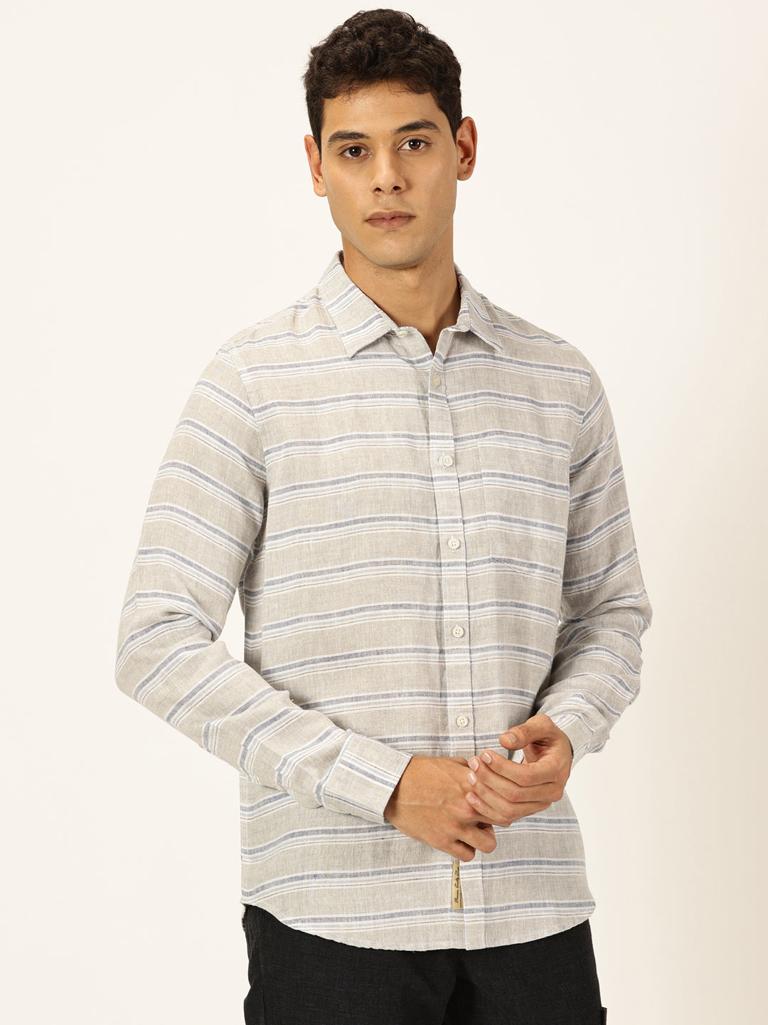 Thomas Scott Men Grey Premium Long Sleeves Spread Collar Horizontal Stripes Linen Casual Shirt