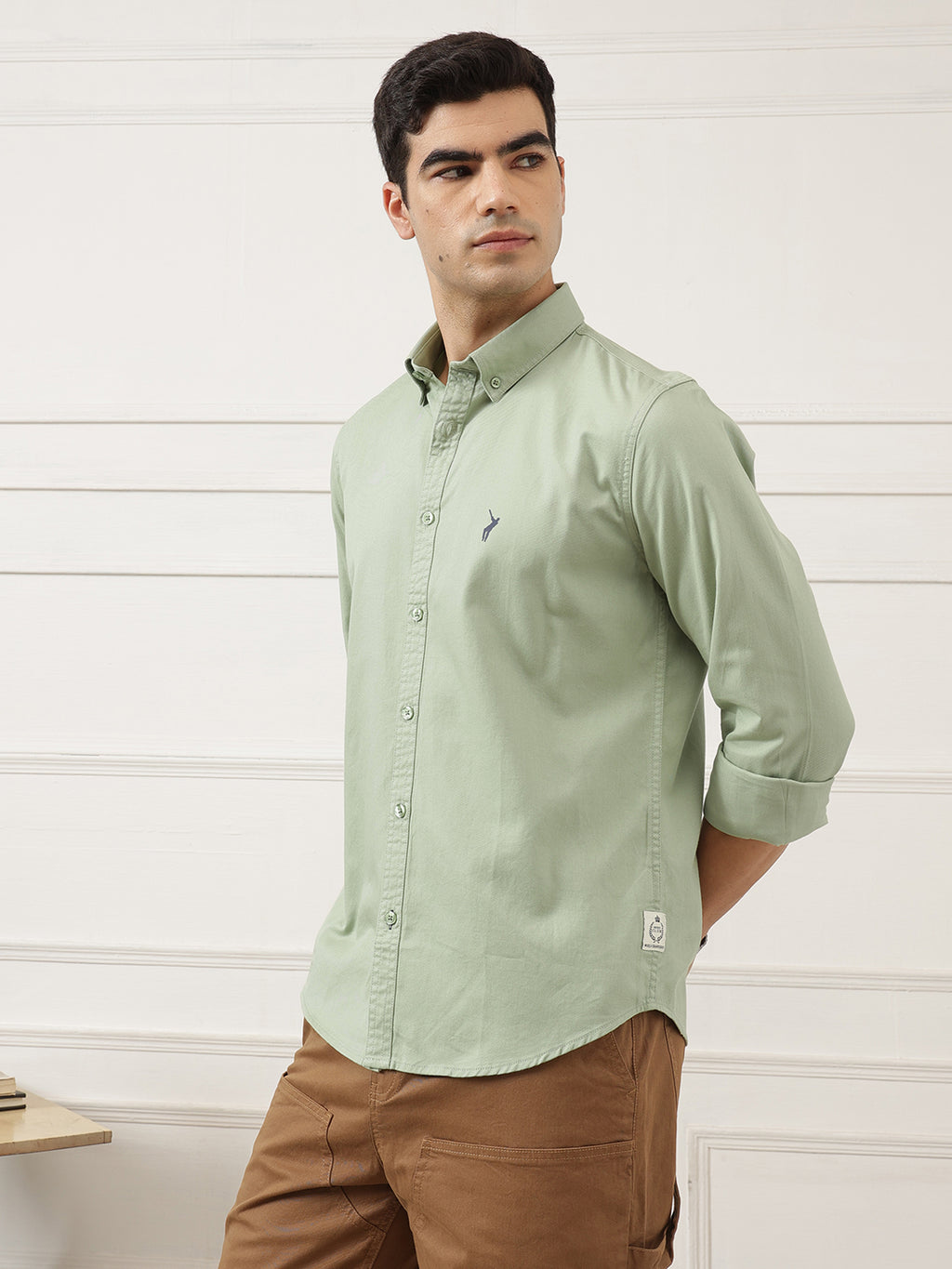 Light Green Premium Slim Fit Long Sleeves Button-Down Collar Solid Cotton Casual Shirt For Men