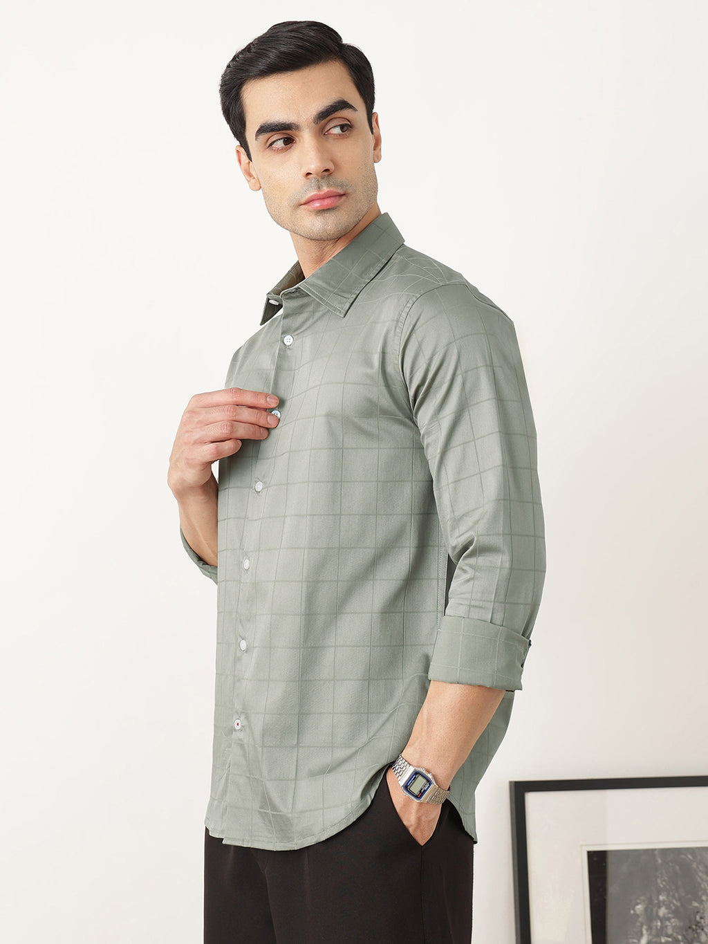 Thomas Scott Men Premium Sage Green Regular Fit Long Sleeves Spread Collar Windowpane Checks Cotton Lycra Casual Shirt