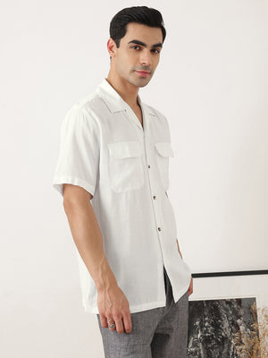 Thomas Scott Men Premium White Oversize Fit Short Sleeves Cuban Collar Textured Casual Shirt