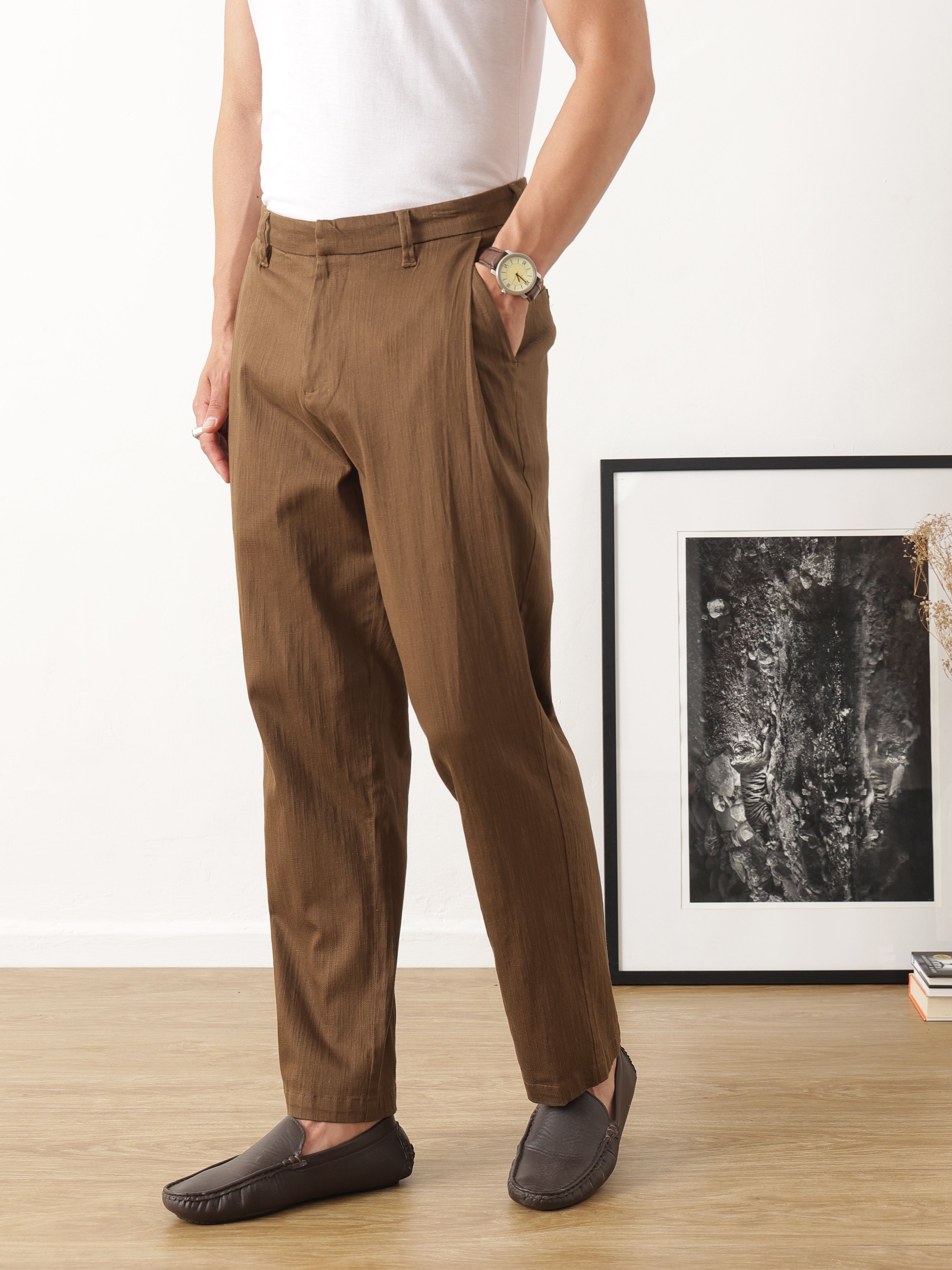 Thomas Scott Men Brown Smart Solid Regular Fit Woven Linen Pleated Trousers