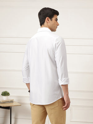 White Premium Regular Fit Long Sleeves Spread Collar Solid Knitted Casual Shirt For Men