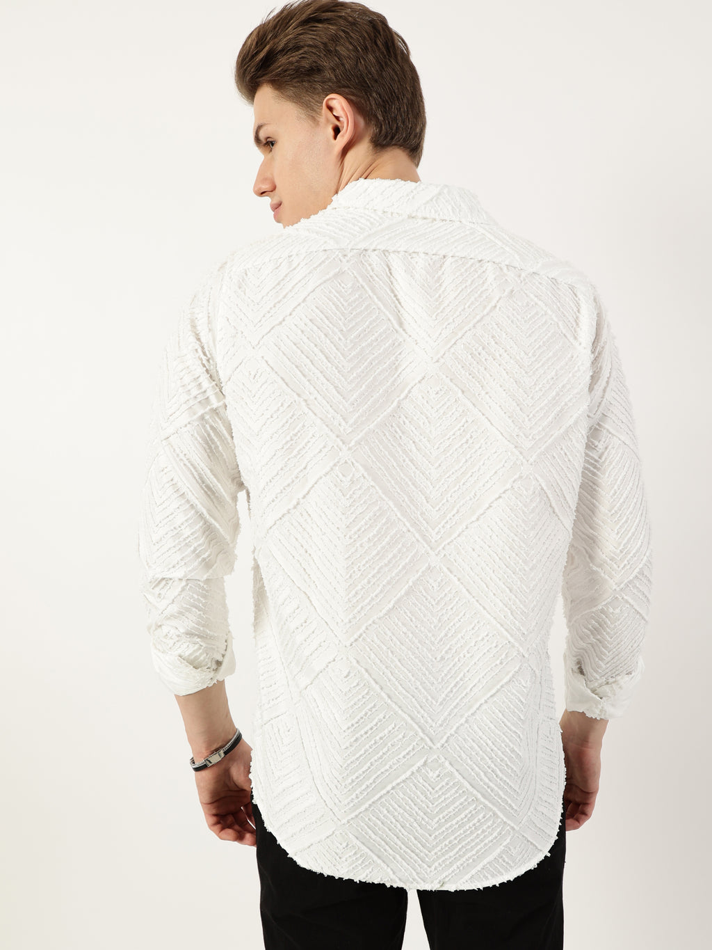 Thomas Scott Men White Premium Long Sleeves Slim Fit Spread Collar Textured Casual Shirt