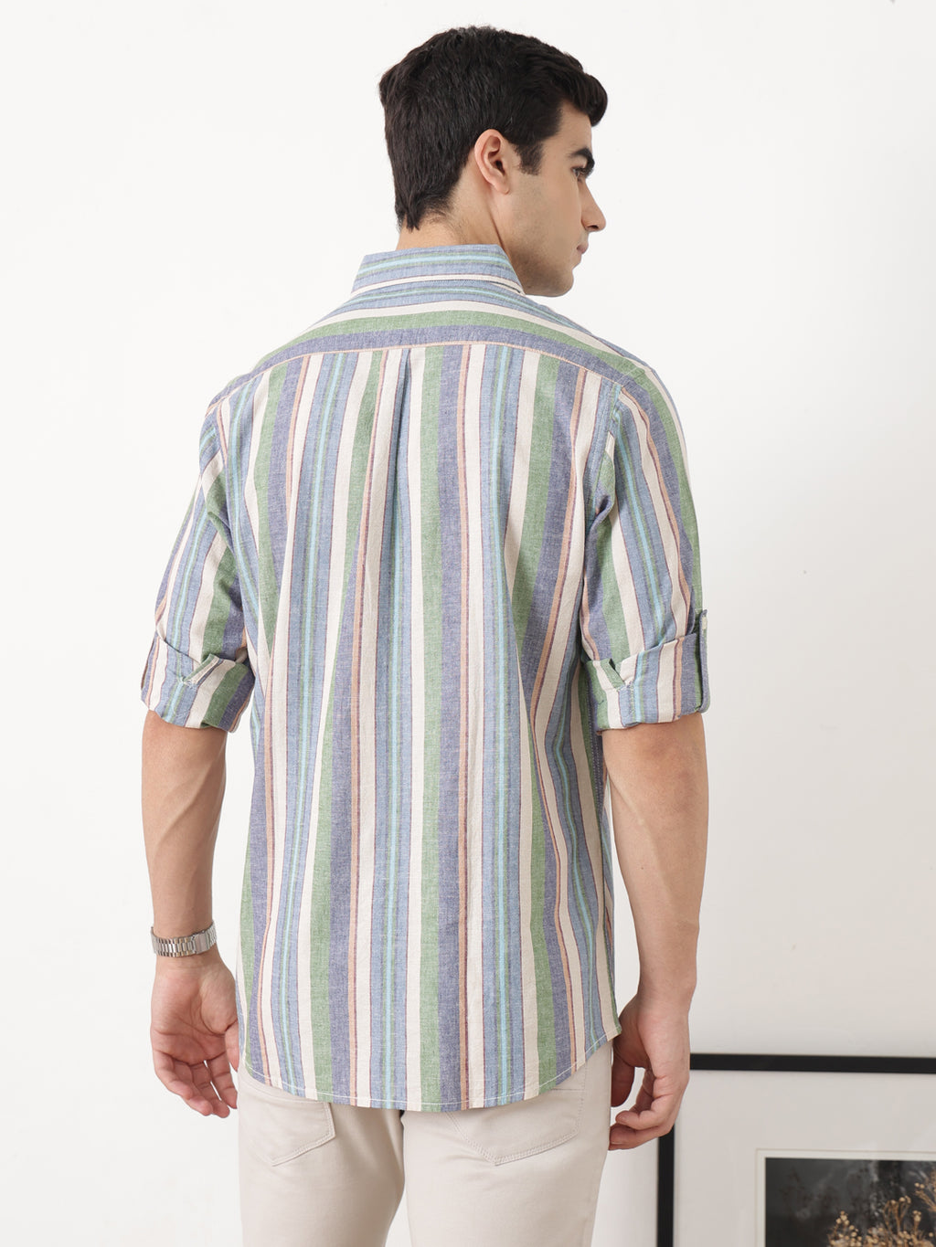 NaturalB Regular Fit Roll-Up Sleeve Spread Collar Vertical Striped Cotton Linen Casual Shirt For Men