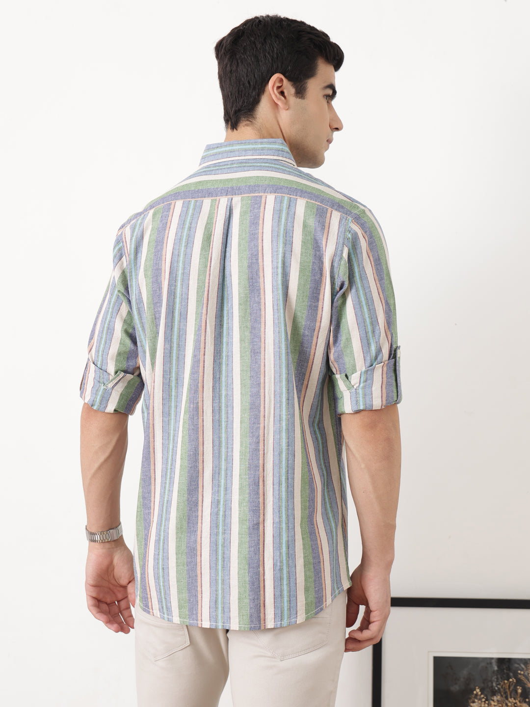 NaturalB Regular Fit Roll-Up Sleeve Spread Collar Vertical Striped Cotton Linen Casual Shirt For Men