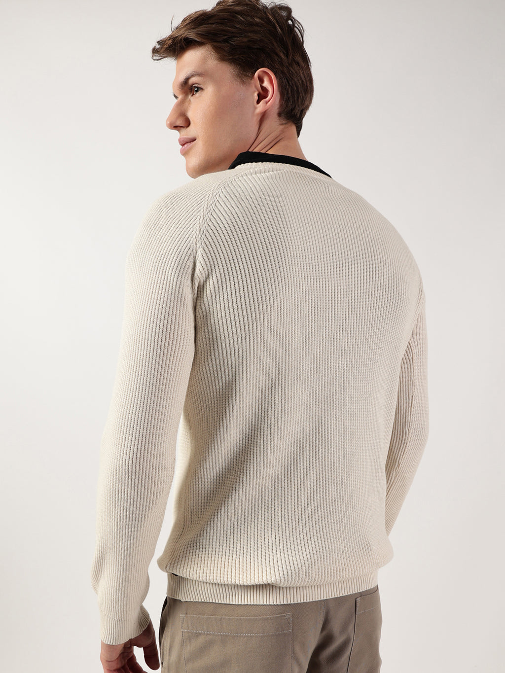 Thomas Scott Men Ribbed Self Design Round Neck Cotton Pullover Ribbed Sweater