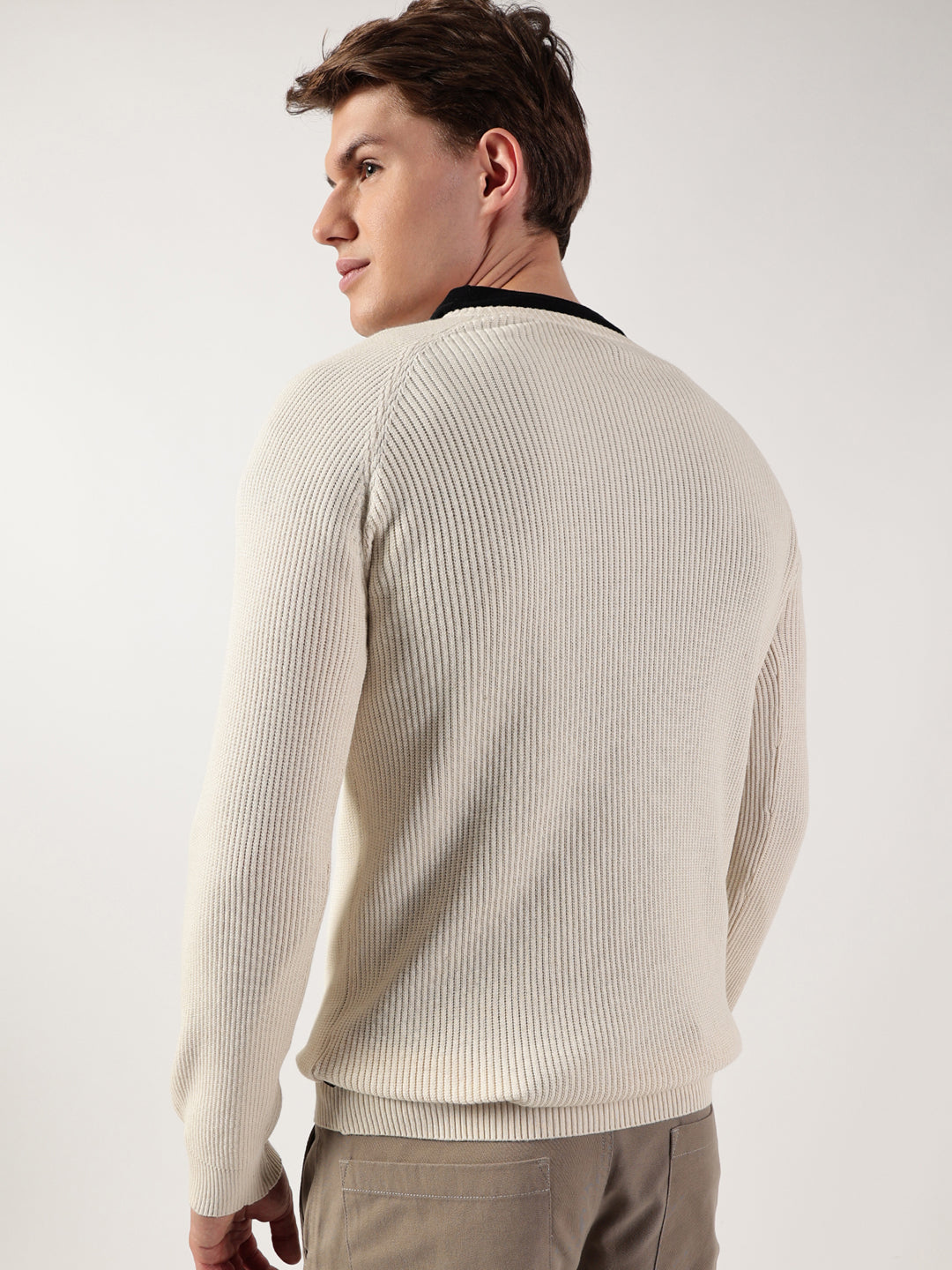Thomas Scott Men Ribbed Self Design Round Neck Cotton Pullover Ribbed Sweater