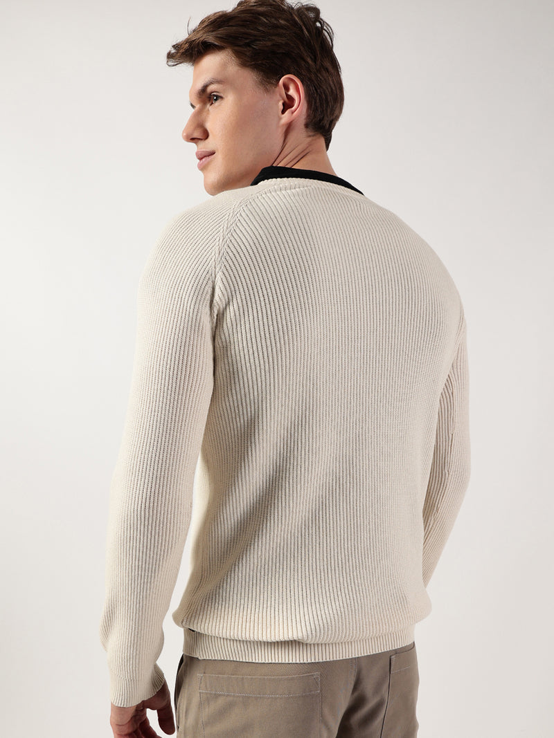 Thomas Scott Men Ribbed Self Design Round Neck Cotton Pullover Ribbed Sweater