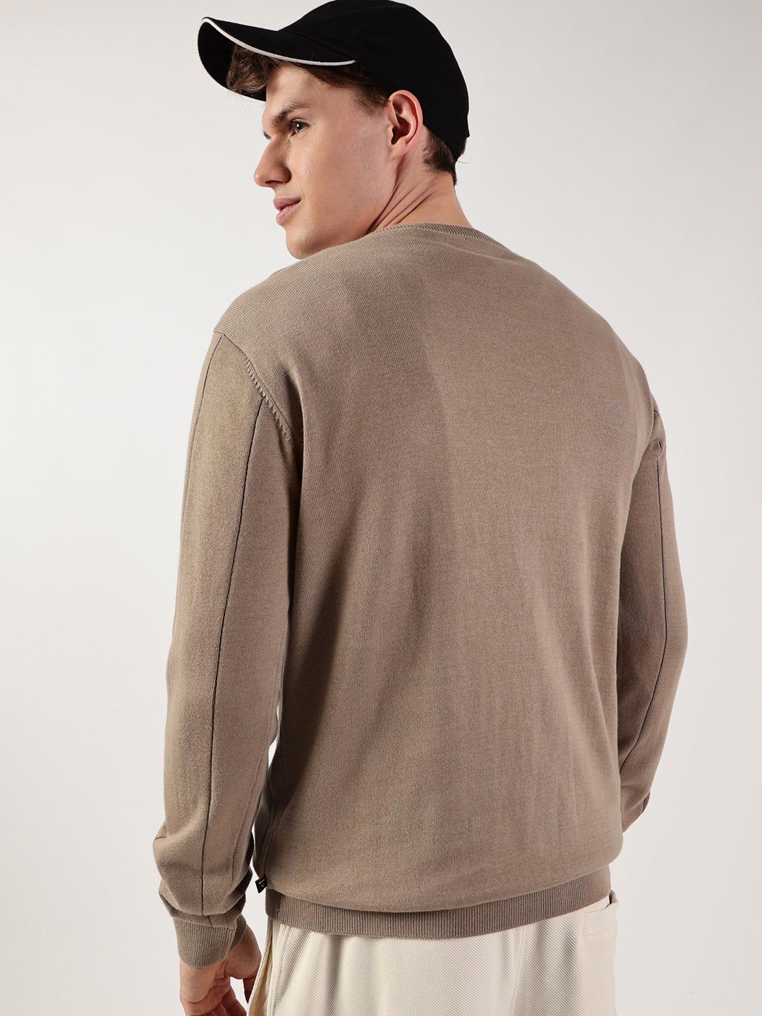 Thomas Scott Men Cable Knit Round Neck Cotton Pullover Ribbed Sweater