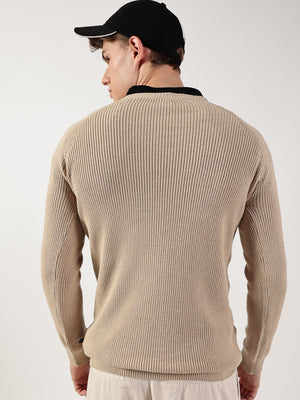Thomas Scott Men Ribbed Self Design Round Neck Cotton Pullover Ribbed Sweater