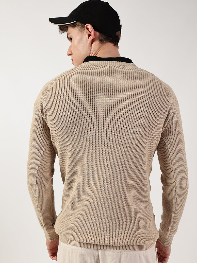 Thomas Scott Men Ribbed Self Design Round Neck Cotton Pullover Ribbed Sweater
