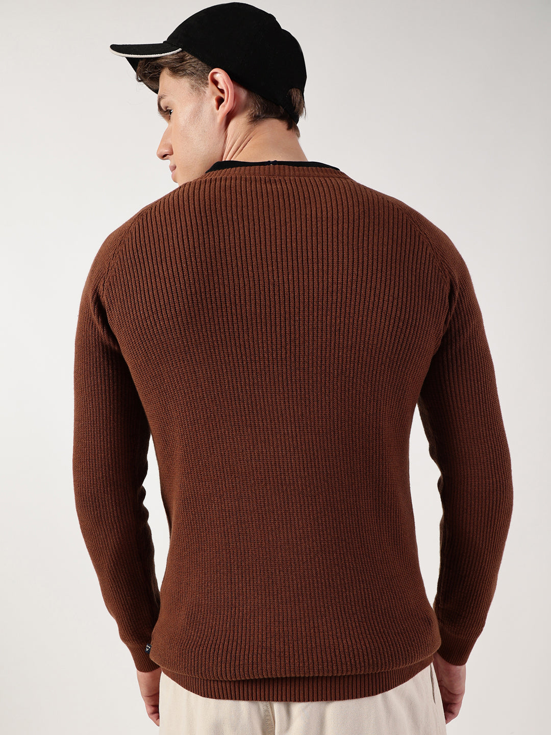 Thomas Scott Men Ribbed Self Design Round Neck Cotton Pullover Ribbed Sweater