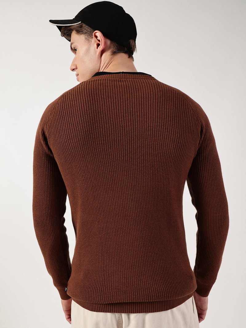 Thomas Scott Men Ribbed Self Design Round Neck Cotton Pullover Ribbed Sweater