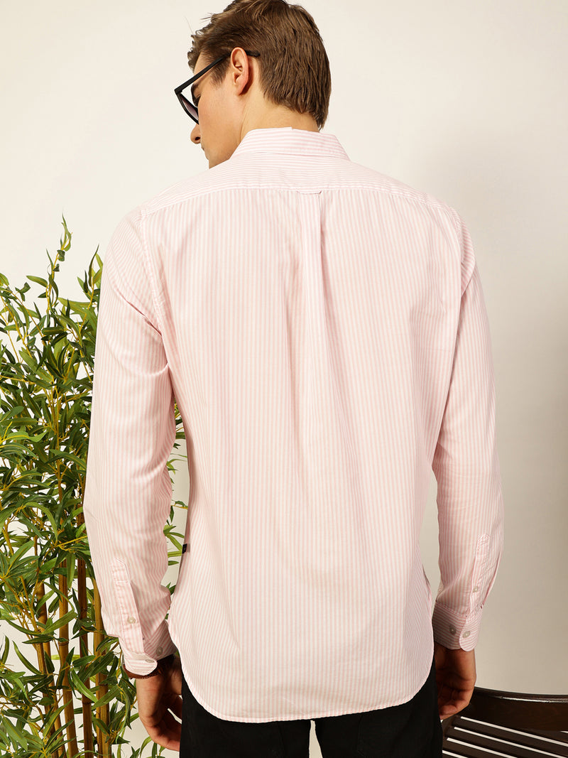 Thomas Scott Men Smart Spread Collar Vertical Striped Cotton Slim Fit Casual Shirt