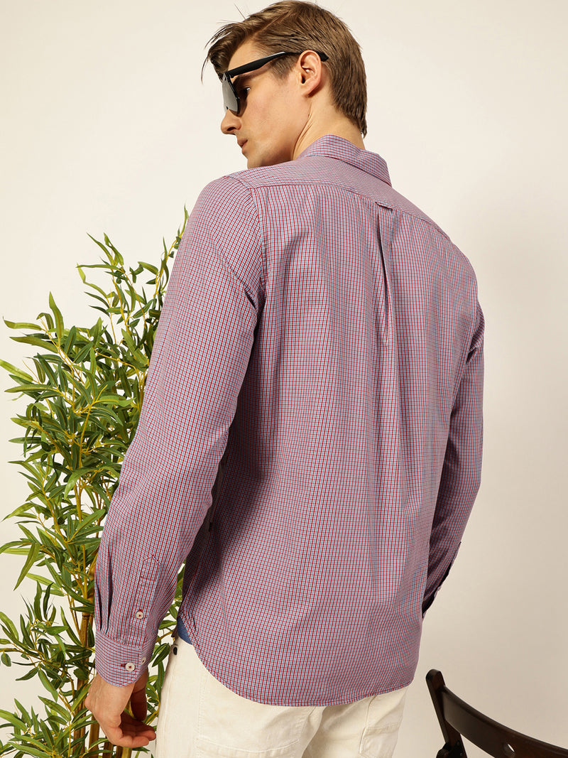 Thomas Scott Men Smart Spread Collar Micro Checked Cotton Slim Fit Casual Shirt
