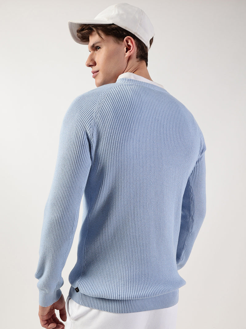 Thomas Scott Men Ribbed Self Design Round Neck Cotton Pullover Ribbed Sweater