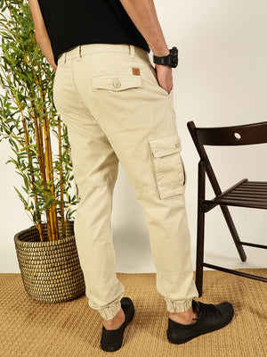 Cream Classic Slim Fit Easy Wash Woven Cargo Trouser For Men