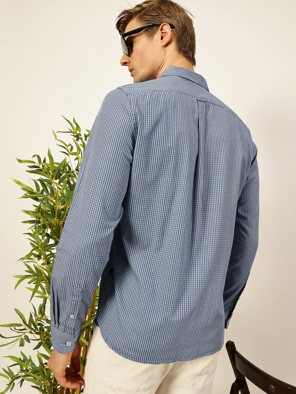 Thomas Scott Men Smart Spread Collar Micro Checked Cotton Slim Fit Casual Shirt