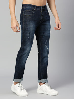 Dark Blue  Navy Blue Smart Slim Fit Low Distress Heavy Fade Stretchable Jeans
