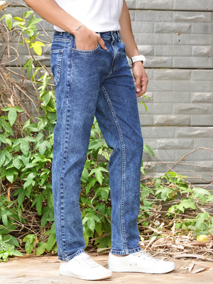 Mid Blue Smart Slim Fit Clean Look Stretchable Jeans For Men