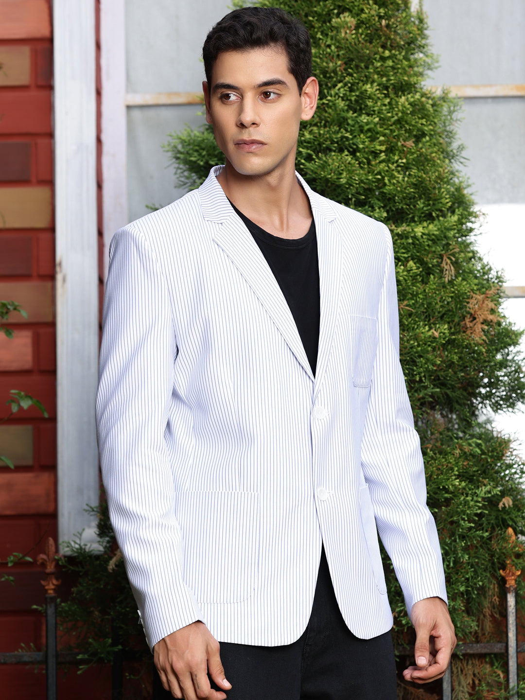 Thomas Scott Men White2 Slim Fit Striped Notched Lapel Collar Single-Breasted Blazer
