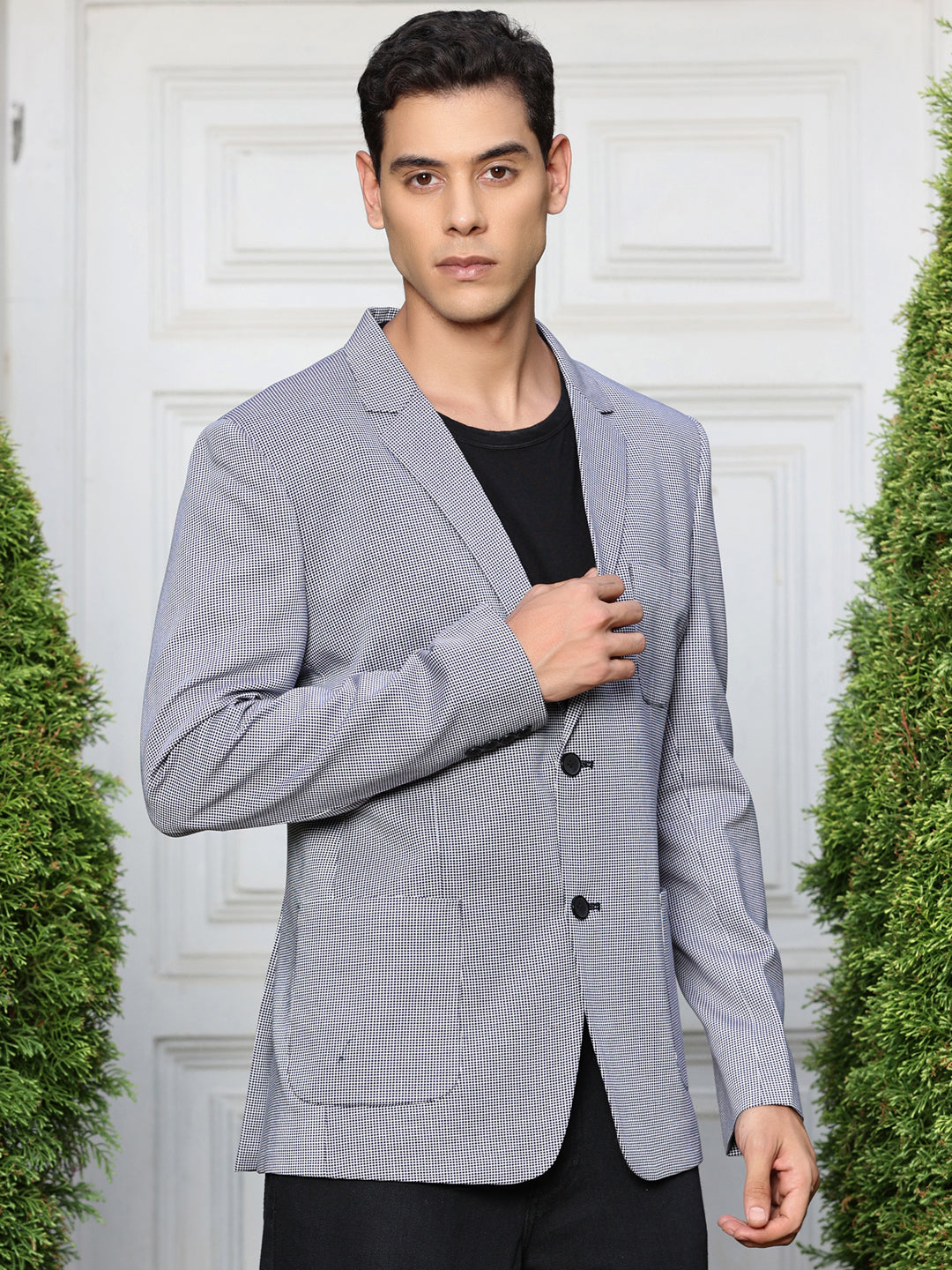 Thomas Scott Men Navy Self-Design Notched Lapel Collar Slim-Fit Casual Blazer