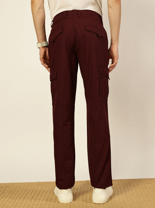 Thomas Scott Men Wine Smart Fit Mid-Rise Cargos Trousers