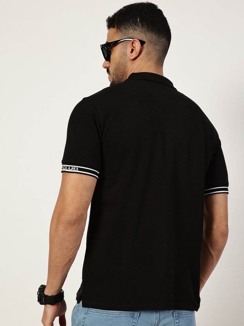 Thomas Scott Men Black Polo Collar Pockets T-shirt