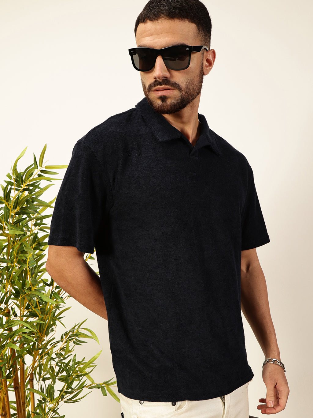 Thomas Scott Men Navy Blue Solid Polo Collar Cotton Relaxed Fit T-shirt