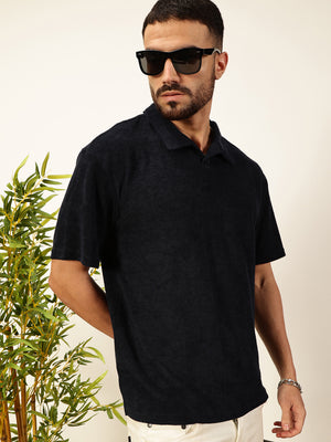 Thomas Scott Men Navy Blue Solid Polo Collar Cotton Relaxed Fit T-shirt