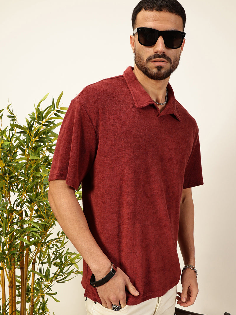 Thomas Scott Men Red Solid Polo Collar Cotton Relaxed Fit T-shirt
