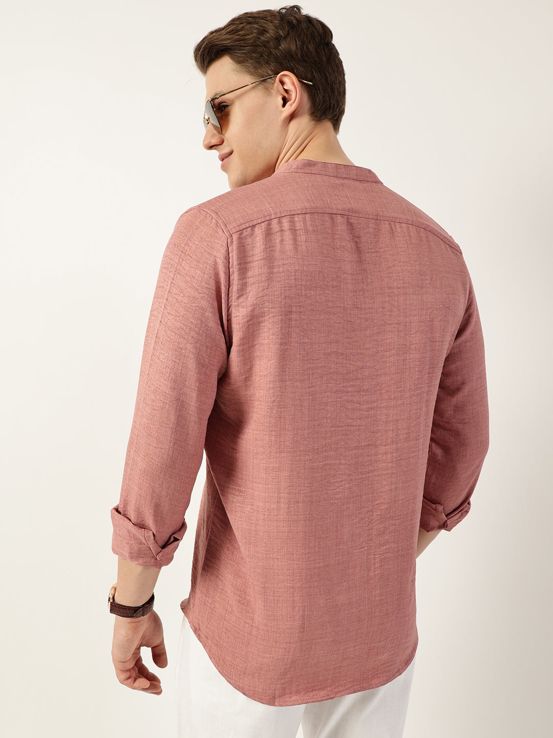 Thomas Scott Men Peach Premium Mandarin Collar Textured Solid Slim Fit Casual Shirt