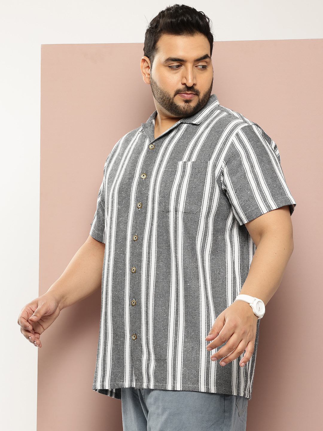 Thomas Scott Men Black Plus Size Premium Striped Pure Cotton Casual Shirt