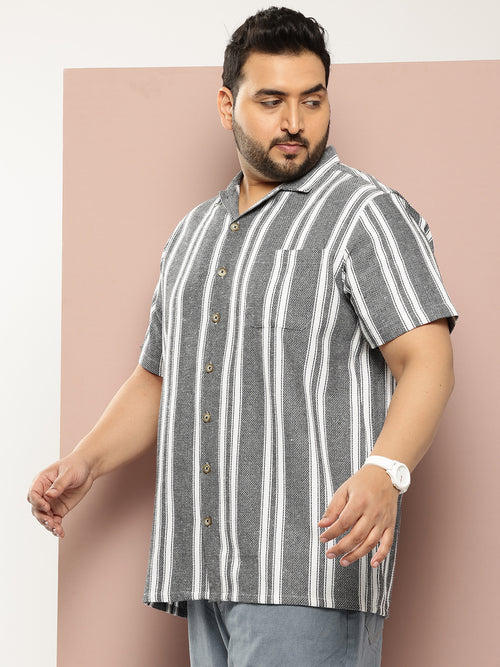 Thomas Scott Men Black Plus Size Premium Striped Pure Cotton Casual Shirt