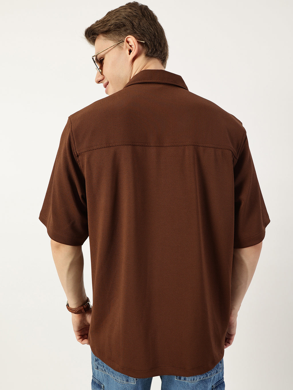 Thomas Scott Men Dark Brown Premium Cuban Collar Textured Cotton Oversized Casual Shirt