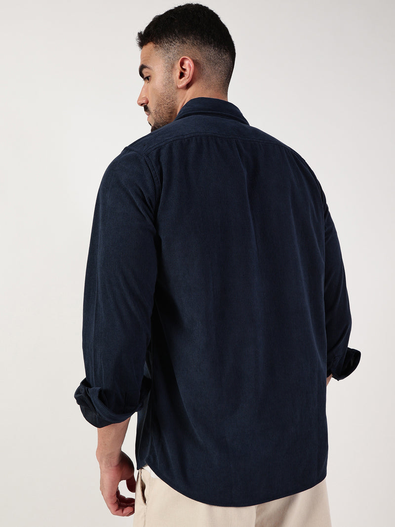 Thomas Scott Men Navy Premium Spread Collar Textured Relaxed Fit Casual Shirt