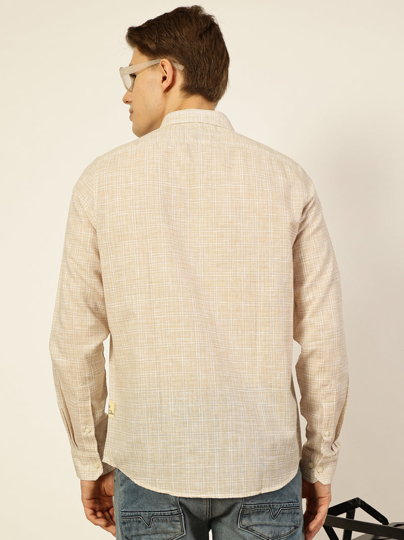 Thomas Scott Men Light Beige Thomas Scott Premium Spread Collar Linen Slim Fit Casual Shirt