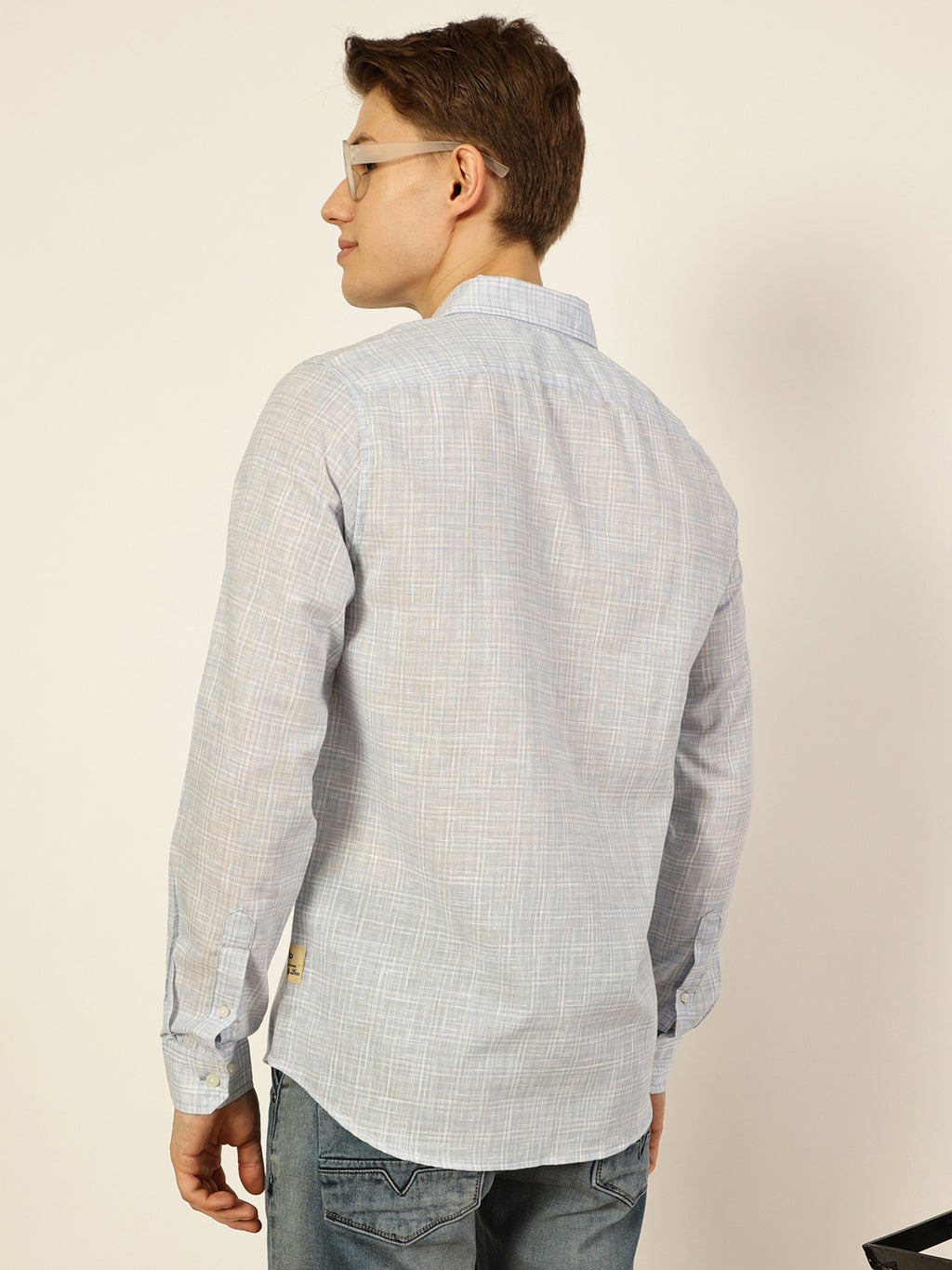 Thomas Scott Men Sky Blue Checked Linen Slim Fit Casual Shirt