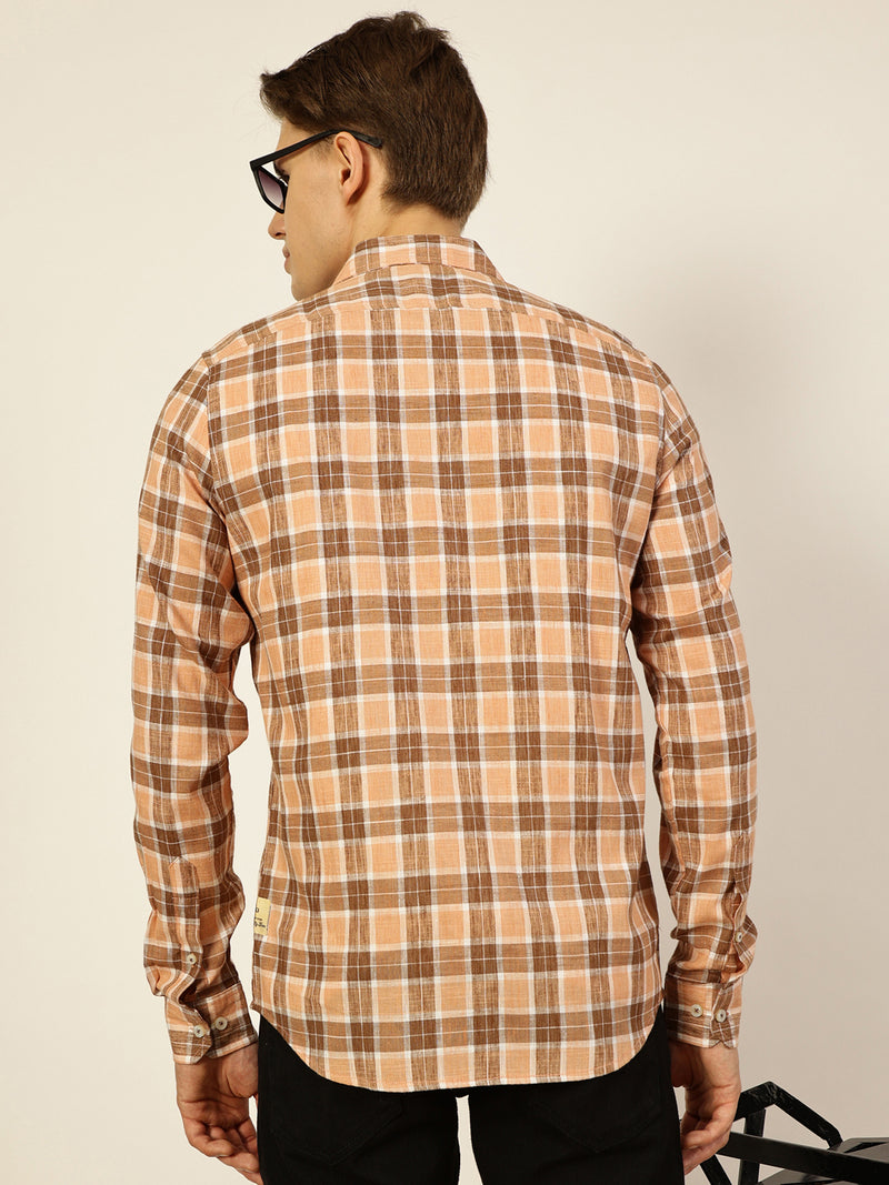 Thomas Scott Men Peach Premium Spread Collar Checked Linen Slim Fit Casual Shirt